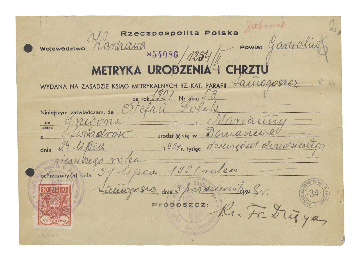 metryka urodzenia z koperty dowodowej